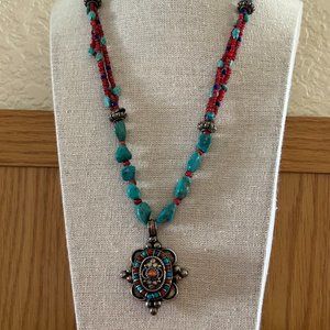 Turquoise, coral and heirloom silver pendant necklace